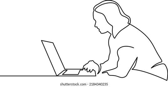 Continuous one line drawing of a woman. Business concept. Beautiful woman sits on the floor and holding laptop isolated on a white background. Vector illustration. Continuous one line drawing woman.
