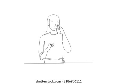 Continuous one line drawing woman using cosmetic products on her face. Skin care concept. Single line draw design vector graphic illustration.