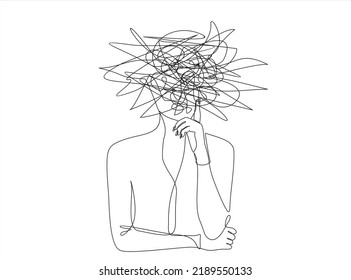 Continuous one line drawing of a woman with confused feelings worried about bad mental health. Problems, stress, sad and depression concept in doodle style. Liner Vector illustration
