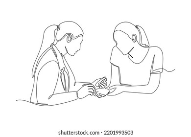 Continuous One Line Drawing Woman Doctor Help Patient For Check Diabetes With Glucose Meter In Hospital. World Diabetes Day Concept. Single Line Draw Design Vector Graphic Illustration.