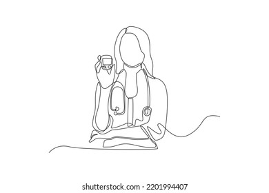 Continuous one line drawing woman doctor hold and show glucometer. World diabetes day concept. Single line draw design vector graphic illustration.