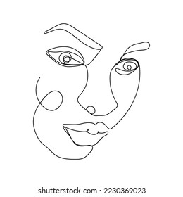 Continuous one line drawing of woman face. Hand drawn line art, fashion concept, feminine beauty minimalist. Print, illustration for t-shirt, design, logo for cosmetics, etc