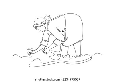 Continuous one line drawing Woman farmer is planting rice in the paddy field. Agriculture concept. Single line draw design vector graphic illustration.