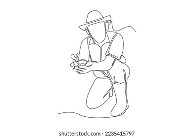 Continuous one line drawing woman farmer holding seeds to plant. Agriculture concept. Single line draw design vector graphic illustration.