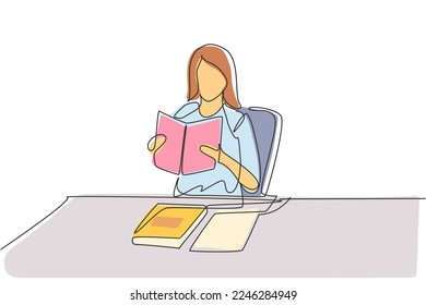 Continuous one line drawing woman reading, learning and sitting on chair around table. Study in library. Intelligent student, education concept. Single line draw design vector graphic illustration