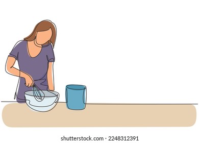 Continuous one line drawing woman talks on smartphone while preparing dinner while standing in kitchen and knead cake dough using manual hand mixer. Single line draw design vector graphic illustration