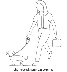 Continuous one line drawing of woman holding dog leash while walking. Vector illustration