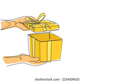 Mujer contínua dibujante de una línea sosteniendo caja de regalo en vacaciones. Caja decorativa abierta con confeti. Presentar el paquete con elementos de reventado, sorpresa dentro. Gráfico vectorial de diseño de trazos de línea única