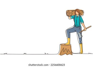 Continuous one line drawing woman lumberjack or woodcutter holding timber and axe. Wooden materials manufacturing, standing with axe, posing with one foot on tree stump. Single line draw design vector
