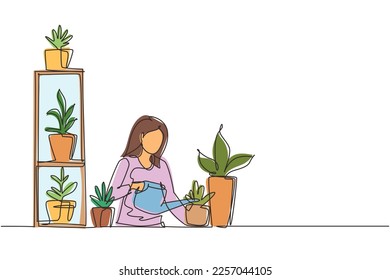 Continuous one line drawing woman is watering plants, caring for greens. Hobby, low-waste lifestyle, eco-friendly thinking. Home garden. Garden on balcony. Single line draw design vector illustration