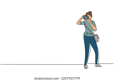 Continuous one line drawing woman with camera and sling bag taking pictures. Female paparazzi or journalist occupation, digital photography hobby activity. Single line draw design vector illustration