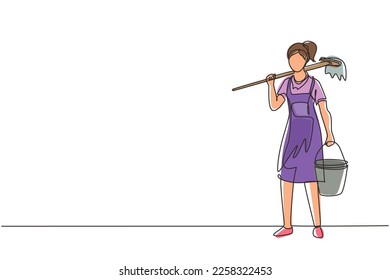 Continuous one line drawing woman mopping floor, female cleaner janitor in uniform and bucket, cleaning service. Housework service or housekeeping workers, janitor. Single line draw design vector