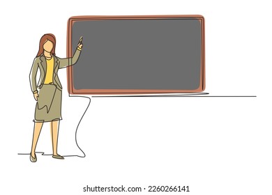 Continuous one line drawing woman teacher professor standing in front of blackboard teaching student in classroom. College class or university teacher teach in classroom. Single line design vector