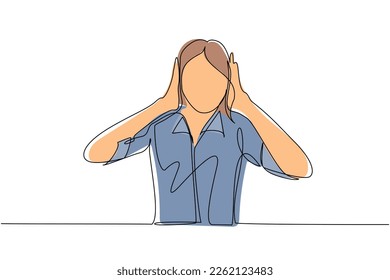 Continuous one line drawing woman covering or closing her ears with hands, making don't hear or listen gesture. Female does not want to hear or listen. Single line draw design vector illustration
