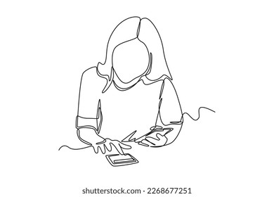 Continuous one line drawing woman calculating travel budget. Travel experience concept. Single line draw design vector graphic illustration.