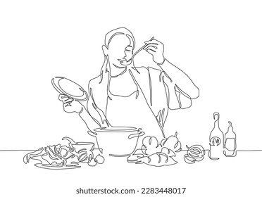 continuous one line drawing woman enjoy making foods. vector illustration