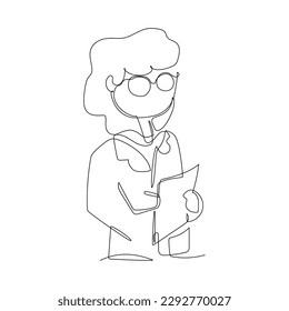 Dibujo continuo de una línea de una doctora con gafas sosteniendo un portapapeles. Ilustración del vector