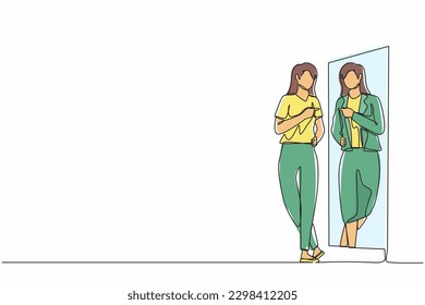 Continuous one line drawing woman looking in big mirror see herself successful businesswoman wearing expensive blazer. Poor woman dream to become wealthy businesswoman. Single line draw design vector