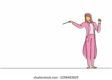 Continuous one line drawing woman music orchestra conductor. Female musician in tuxedo suit with arm gestures. Expressive conductor directs orchestra during performance. Single line draw design vector