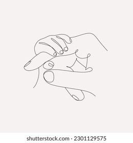 Continuous one line drawing. Woman hold her baby. Pregnant Woman. Holding baby hand. Family