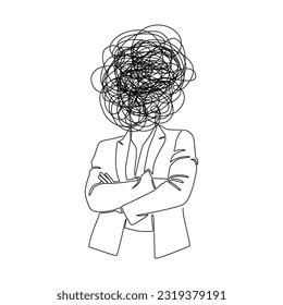 Continuous one line drawing of woman with confused messy feelings worried about bad mental health. Work burnout and depression anxiety concept in simple linear style. Doodle Vector illustration