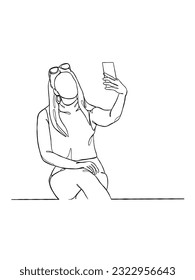 Continuous one line drawing of a woman taking a selfie. Vector illustration.