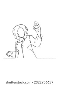 Continuous one line drawing of a woman taking a selfie. Vector illustration.