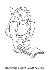 Continuous one line drawing of a woman reading a book. Vector illustration.