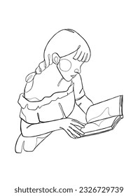 Continuous one line drawing of a woman reading a book. Vector illustration.