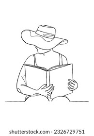 Continuous one line drawing of a woman reading a book. Vector illustration.