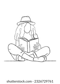 Continuous one line drawing of a woman reading a book. Vector illustration.