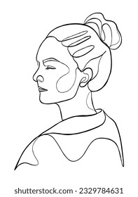Continuous one line drawing of woman with hair bun. Vector illustration.