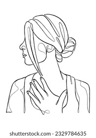 Continuous one line drawing of woman with hair bun. Vector illustration.