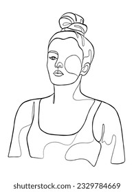 Continuous one line drawing of woman with hair bun. Vector illustration.