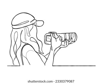 Continuous one line drawing of woman with camera. Vector illustration.