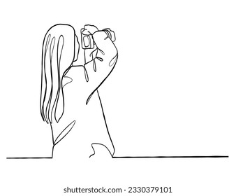 Continuous one line drawing of woman with camera. Vector illustration.