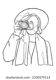 Continuous one line drawing of woman with camera. Vector illustration.