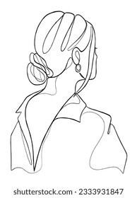 Continuous one line drawing of woman with hair bun. Vector illustration.
