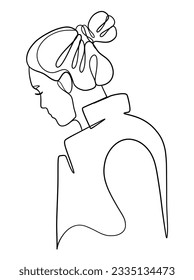 Continuous one line drawing of woman with hair bun. Vector illustration.