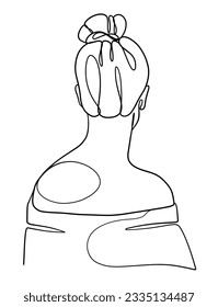 Continuous one line drawing of woman with hair bun. Vector illustration.