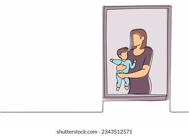 Una línea continua dibujando a una mujer con un bebé recién nacido cerca de la ventana. El niño está en los brazos de mamá. Mujer cuidando de su hijo. Madre con licencia de maternidad. Ilustración gráfica vectorial de diseño de línea única