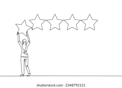 Continuous one line drawing woman stood holding up a star with both hands and pasting it up to make 5 stars in a row. Give the best review. Online shop. Single line draw design vector illustration