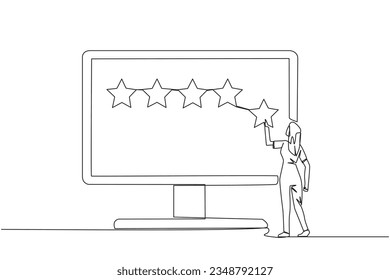 Continuous one line drawing woman standing trying to stick 1 star on the big monitor. Giving five star feedback. Giving stars quality result. Giving review. Single line draw design vector illustration