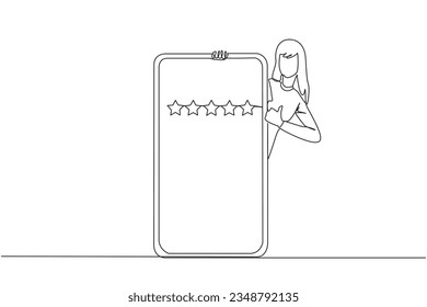 Continuous one line drawing woman stands behind big smartphone, head and body appear and hands give thumbs up gesture. Online shop concept. Review 5 star. Single line draw design vector illustration