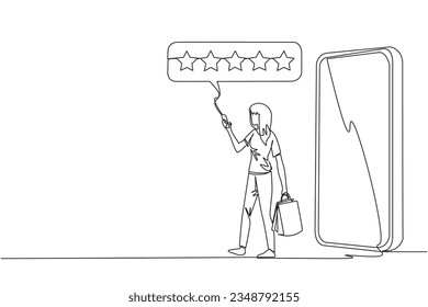 Continuous one line drawing woman comes out of giant smartphone carry shopping bag, the other hand typing smartphone. Online shopping concept. Ecommerce. Single line draw design vector illustration