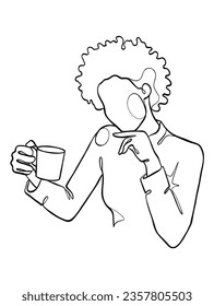 Continuous one line drawing of a woman holding a cup of coffee. Vector illustration.