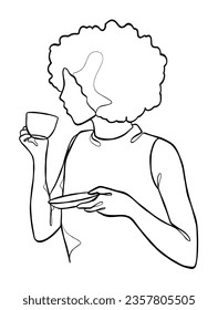 Continuous one line drawing of a woman holding a cup of coffee. Vector illustration.