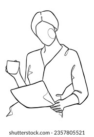 Continuous one line drawing of a woman holding a cup of coffee. Vector illustration.