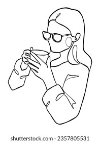 Continuous one line drawing of a woman holding a cup of coffee. Vector illustration.