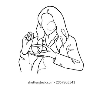 Continuous one line drawing of a woman holding a cup of coffee. Vector illustration.